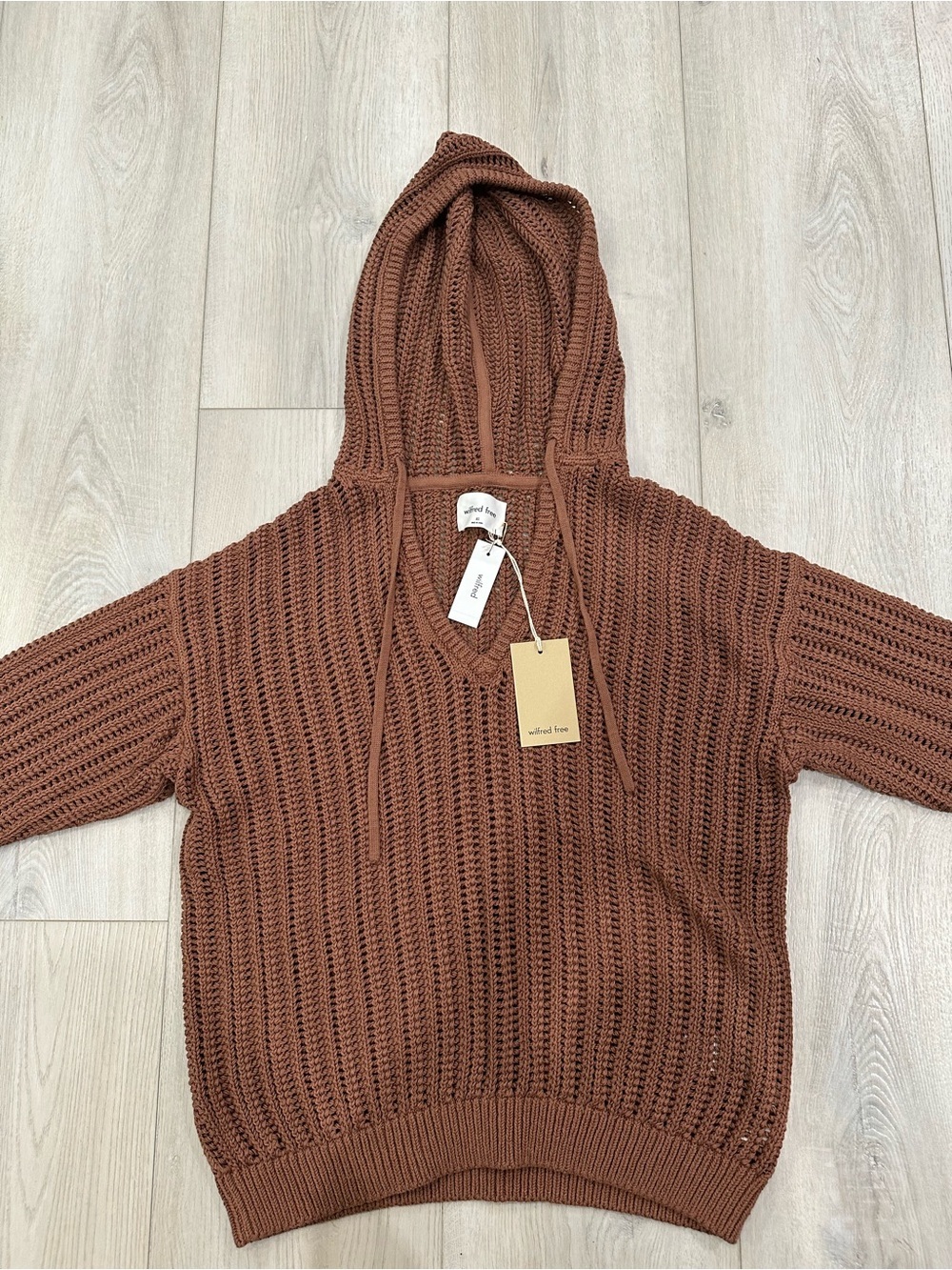 Wilfred Free Teddy Bear Brown Open Knit Hooded Sweater XS NWT